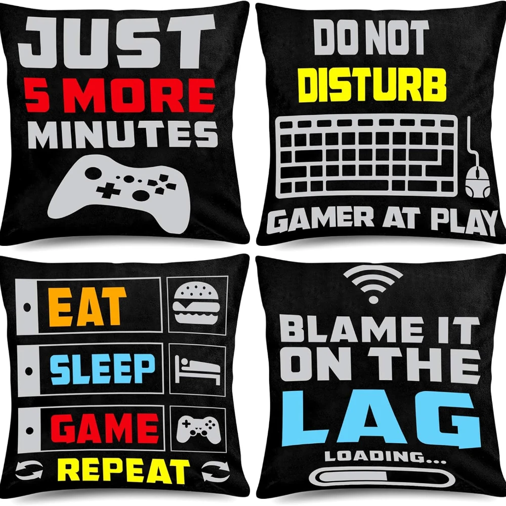 Video Game Throw Pillow Case Gamer Controller Pillow Cover 4 Pack Gamepad Logo Pillow Case for Home Office Car Sofa Living Room