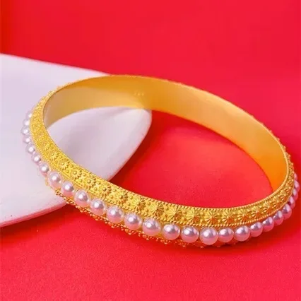 

Women\s AU999 Gold Jewelry Palace Style Bracelet Filigree Inlaid Pearl Bracelet 24K Pure Gold Female Net Celebrity Same Bracelet