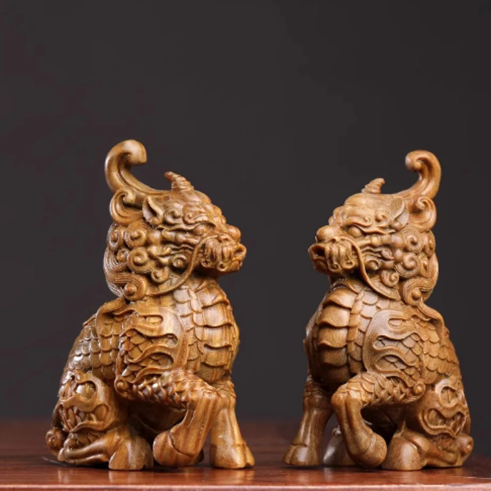

JW150- 10 CM Pair of Kylin Green Sandalwood Sculpture Mascot Baby Dragon Figurine Decoration Craft Gift Miniatur Ornaments