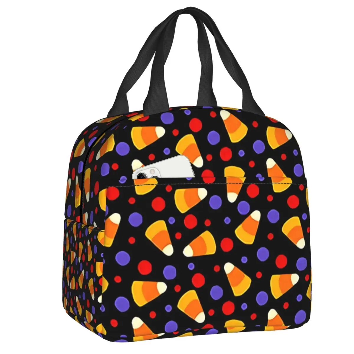 Custom Halloween Candy Corn On Black Witchful Thinking Insulated Lunch Tote Bag for Portable Thermal Cooler Bento Box Kids