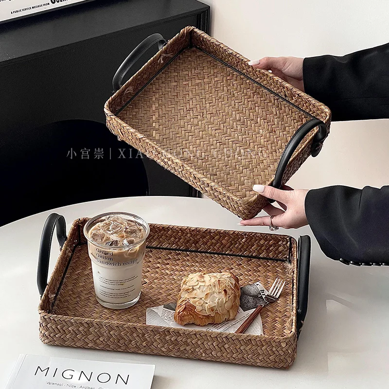 

Instagram Style Rattan Tray Woven Basket with Handles Home Tea Tray Photography Food Styling Decorative Serving Tray