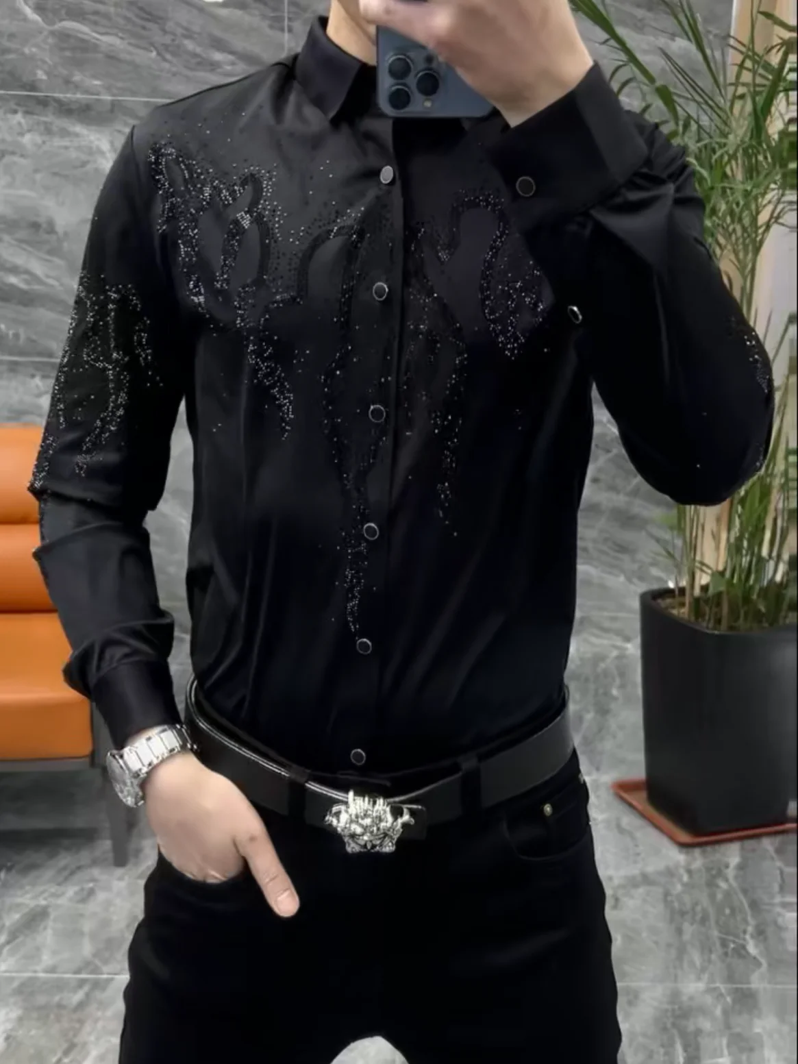 

Men's Spring Elastic Casual Long Sve irt Faionable Diamond Collar Busin Leisure Faion Small irt T-irt