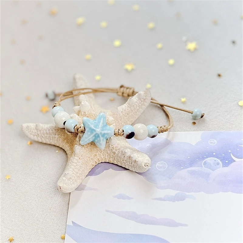 اليدوية قابل للتعديل مطرز أساور للنساء بوهو الملونة الصقيل نجم البحر قذيفة السيراميك الخرز سوار فتاة حزب مجوهرات هدية