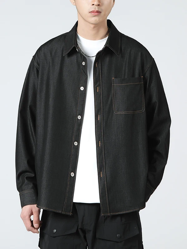 

Retro American Denim Long Sve Men's irt Spring Autumn Winter Anti-Wrinkle Jaet Trendy Loose Fit Polyester Blend Workwe...