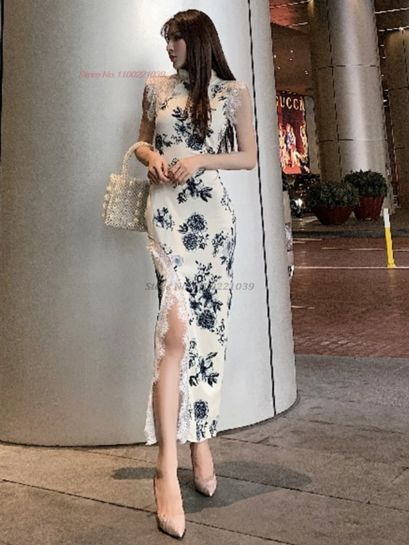 

2025 chinese sexy qipao vintage party dress flower print improved sleeveless cheongsam nightclub bandage evening dress qipao