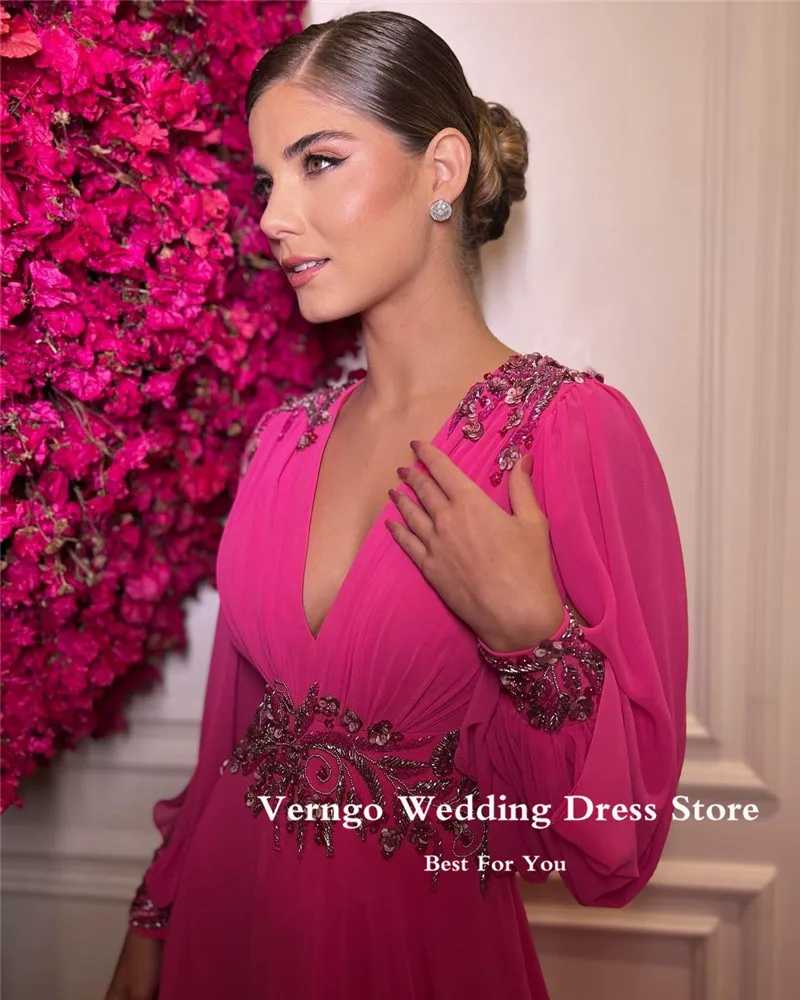 Verngo Vintage Fuschia Chiffon A Line Long Sleeves Evening Dresses V Neck Embroidery Beads Arabic Women Formal Prom Gowns Party