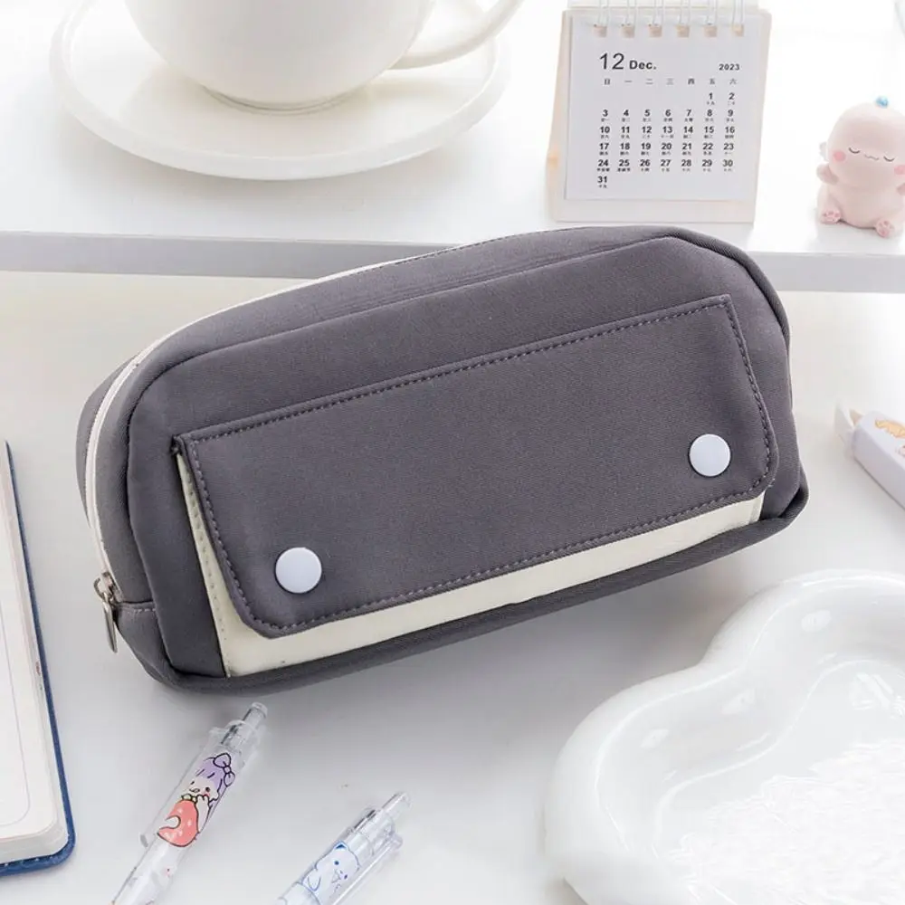 Large Capacity Student Pencil Case Flip Style Morandi Color Simple Pencil Pouch Press Button Canvas Gel Pen Organizer Kids