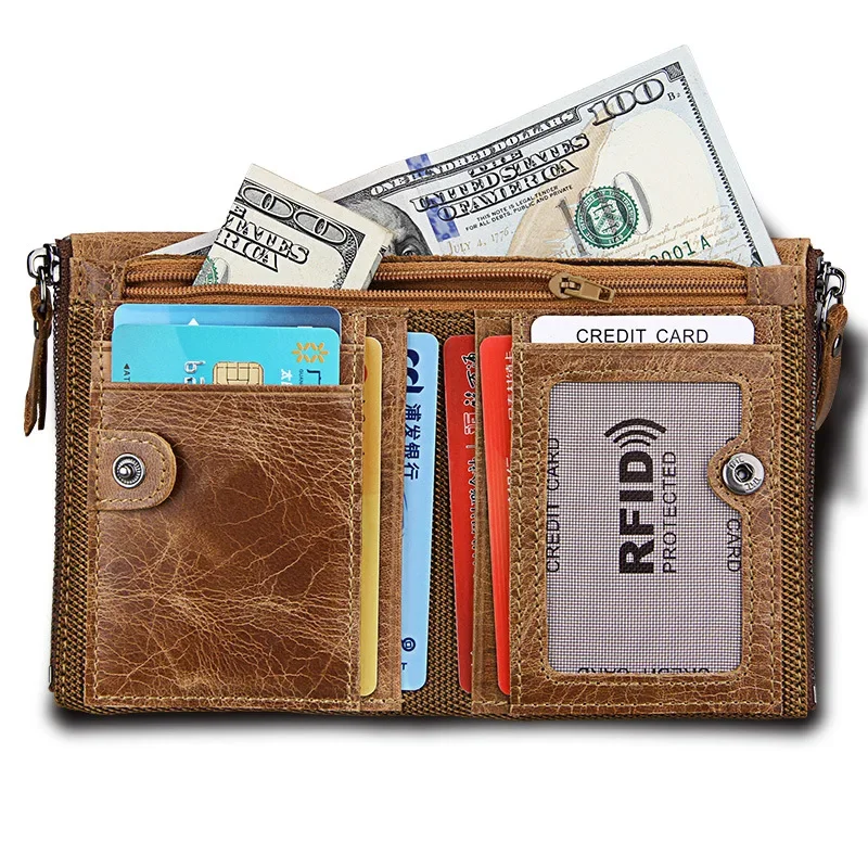 

RFID 100% Genuine Leather Men's Wallets Luxury Brand Short Double Zipper Male Coin Purse Small Wallet For men Card Holders