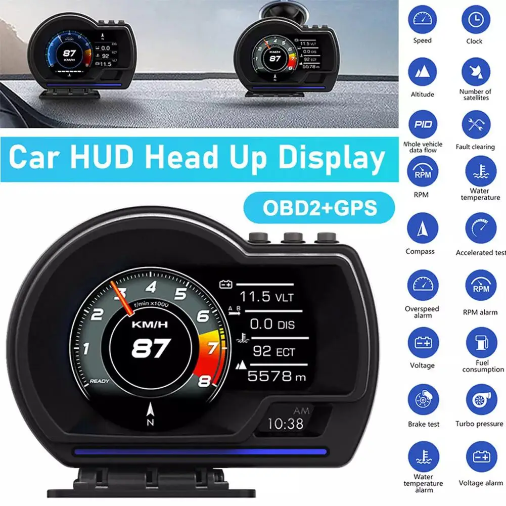 Four language Ead Up Display for OBD2+GPS Smart Gauge Car HUD Speedometer Turbo RPM Alarm for Car Truck