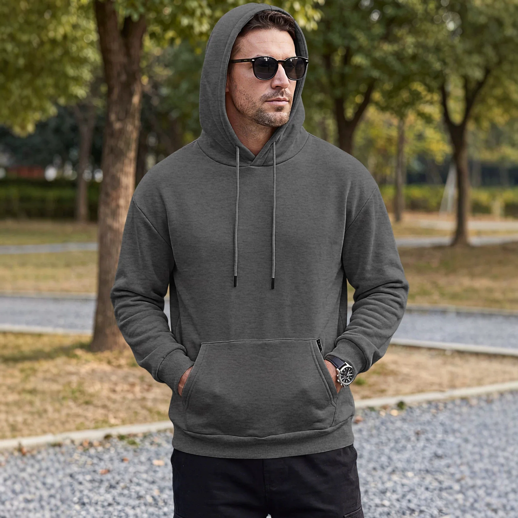 Men's Wear American Solid Color Drawstring Hoodie, Side Anti-Theft Zipper Pocket Sports Casual Sweatshirt