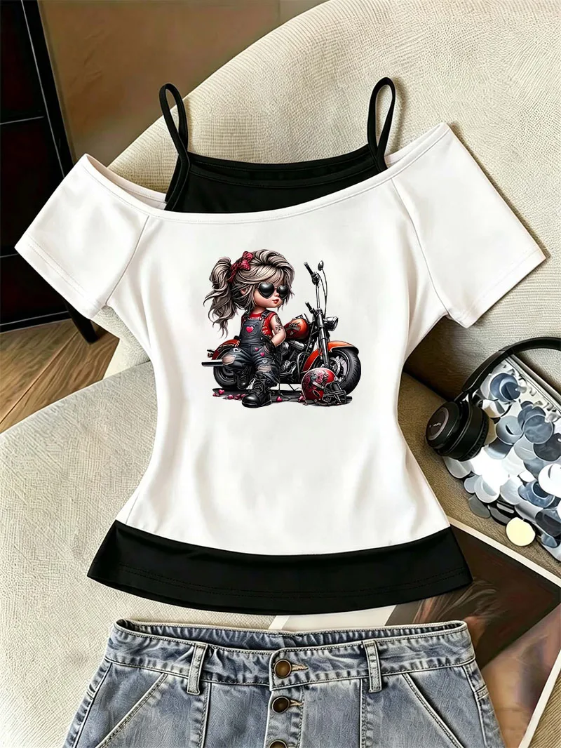 Streetwear Motorcycle Girl T Shirt Women Fashion T-Shirt Off-Shoulder 90s Trendy 2000s Graphic Chic Girls T Shirt Y2k Tops Tee