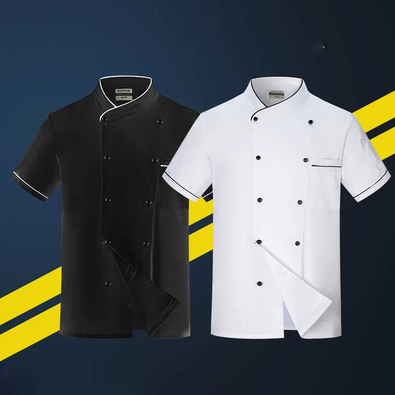 Abrigo de manga corta con logotipo gratis, uniforme de Chef, chaqueta transpirable para Cocina, Restaurante, Hotel, cafetería, Barbero, camarero, camisa de trabajo, Unisex