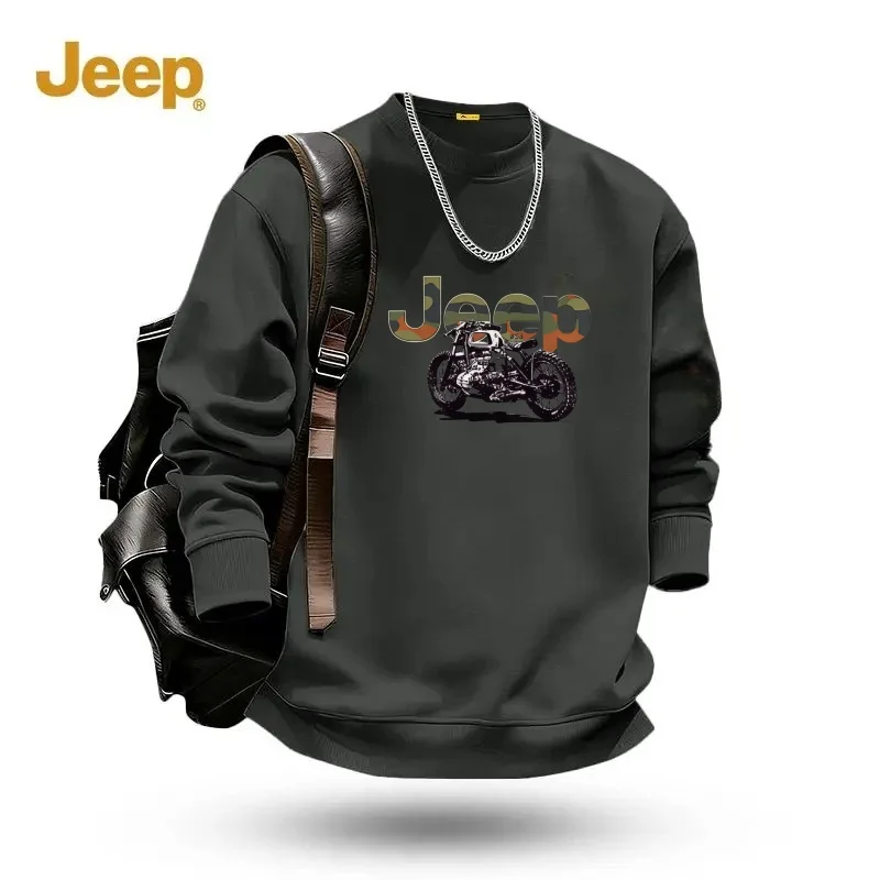 New Jeep Thick Cotton Long Sleeve T-shirt for Men's Spring and Autumn Round Neck Versatile Printed Top, Casual Hoodie