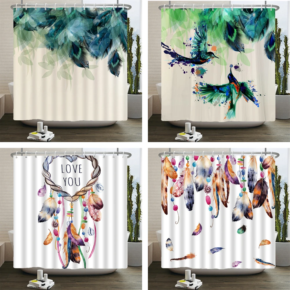 Colorful Feather Bathroom Shower Curtain Bohemia Waterproof Polyester Bath Curtains High Quality 3D Printed Bathroom Screen