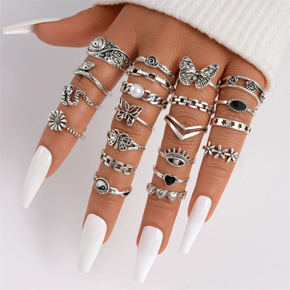 21pcs/set Punk Gothic Butterfly Snake Heart Rings Set For Women Men Vintage Silver Plated Geometric Finger Rings Party Jewelry