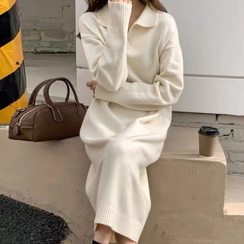 Apricot Soft Woolen Dress Women 2023 Winter Fall Turn-down Collar Loose Sweater Dresses Ladies Full-sleeve Korean Knit Clothing