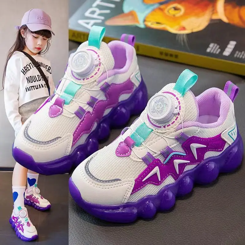 Kid Sneakers Sports Running Shoes Rotate Button Thick Sole Sneaker Girls Casual Old Dady Shoes 2023 New Child Walking Trainers