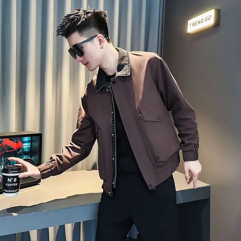 

Повседневная модная мужская куртка-косуха для весенне-осеннего сезона с отложным воротником, верхняя одежда из полиэфирного волокна, приталенный крой