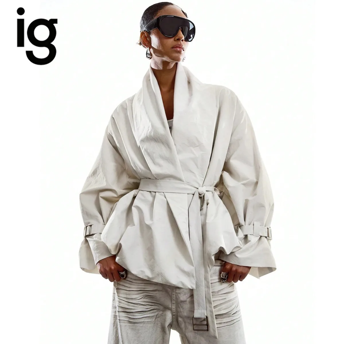 IG Women Oversized Wrap Jacket, Wide Lapel Collar, Self‑Tie Waist Belt, Buckle Cuff Long Sleeve, Loose Short Outerwear Coat