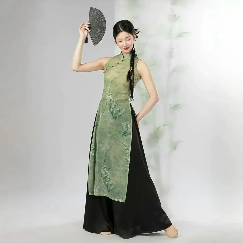 중국 스타일 탄성 꽃 인쇄 cheongsam 중국어 고전 무용 의상 여성 드레스 전통 공연 의류