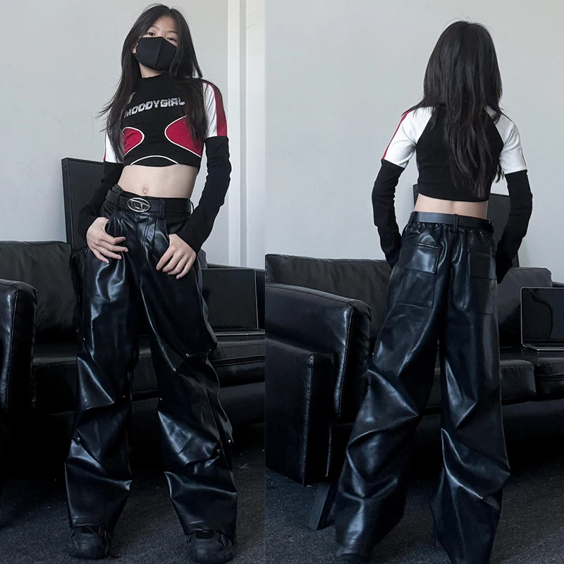 

2025 Children Hip Hop Dance Performance Costumes For Girls Group Crop Tops Leather Pants Outfits Jazz Dance Streetwear DQS18645