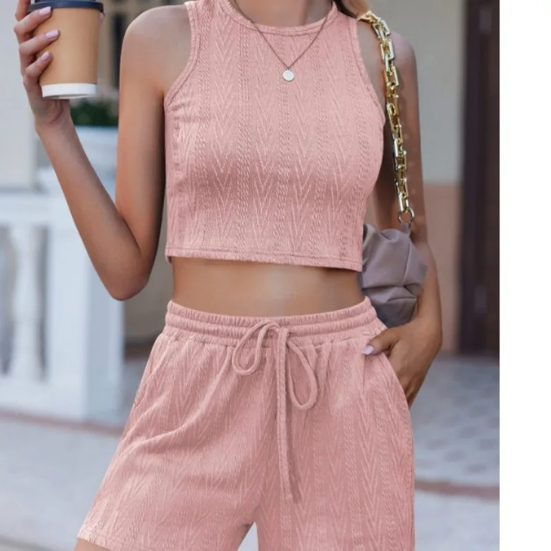 Women's Clothing New Fashion Sleeveless Solid Crop Tank Top & Drawstring Short Set Summer Female Casual Short Pants Outfits