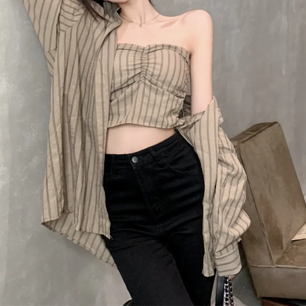 

Корейский стиль, плиссированный короткий модный костюм для женщин, тонкий дизайн, полосатый топ с лацканами, свободная рубашка с длинными рукавами на весну и осень