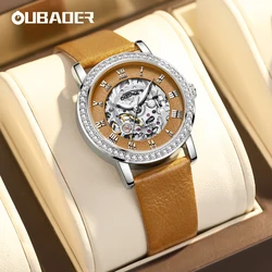 OUBAOER Iced Out Women Watch Automatic Mechanical Skeleton Luxury Leather Band Diamond Wristwatches Montre Femme Gift for Ladies