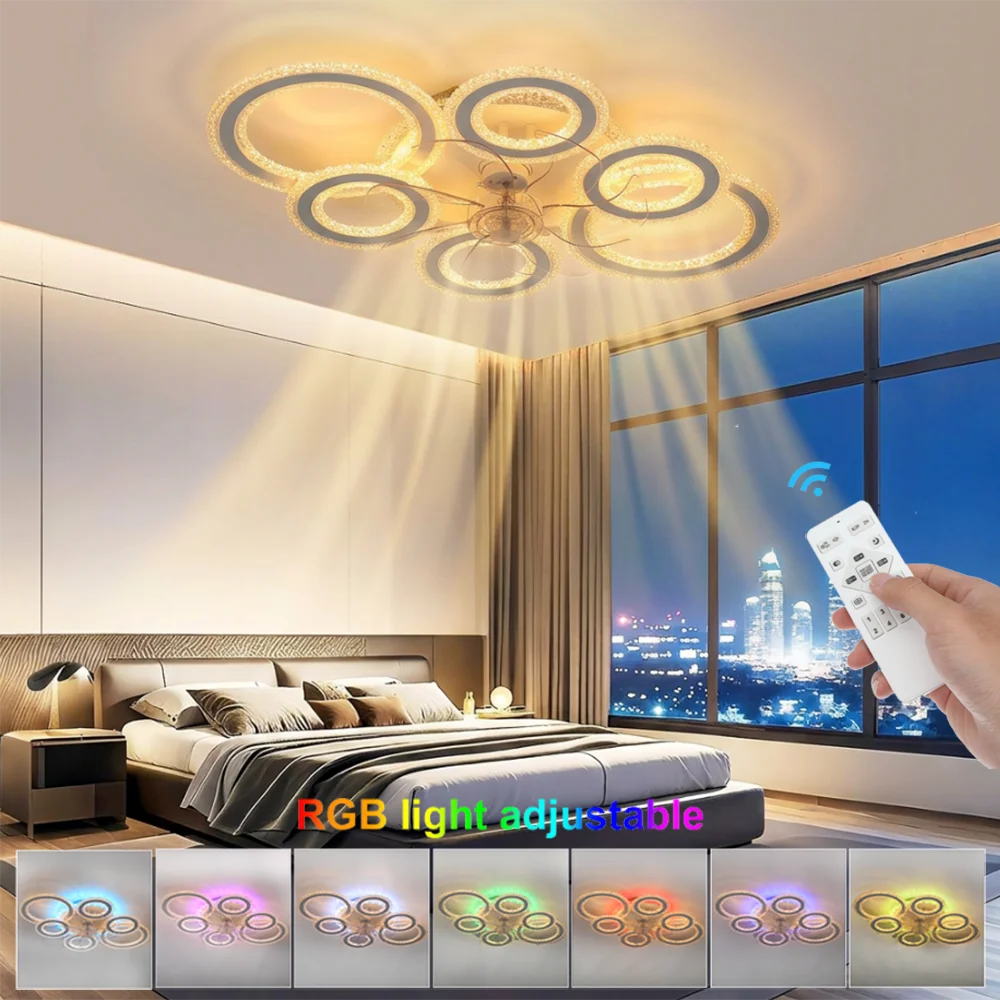 Ventilador de Techo LED con Luz RGB Regulable de 72W, Control Remoto para Sala de Estar y Dormitorio, 6 Anillos RGB con Retroiluminación, 6 Velocidades