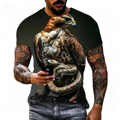 Eagle and Snake Printed T-shirt Loose Breathable Trendy Brand Men's Short Sleeve