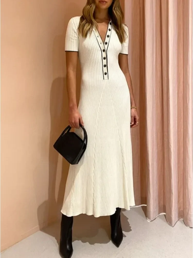 

2024 Knitted Rib Slim Maxi Dresses For Women High Waist Casual Loose Dress Women's Autumn Elegant Temperament Long Dress Femme