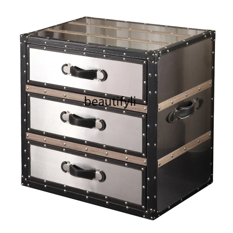 

American light luxury bedside table stainless steel brushed mirror living room storage file side cabinet industrial style