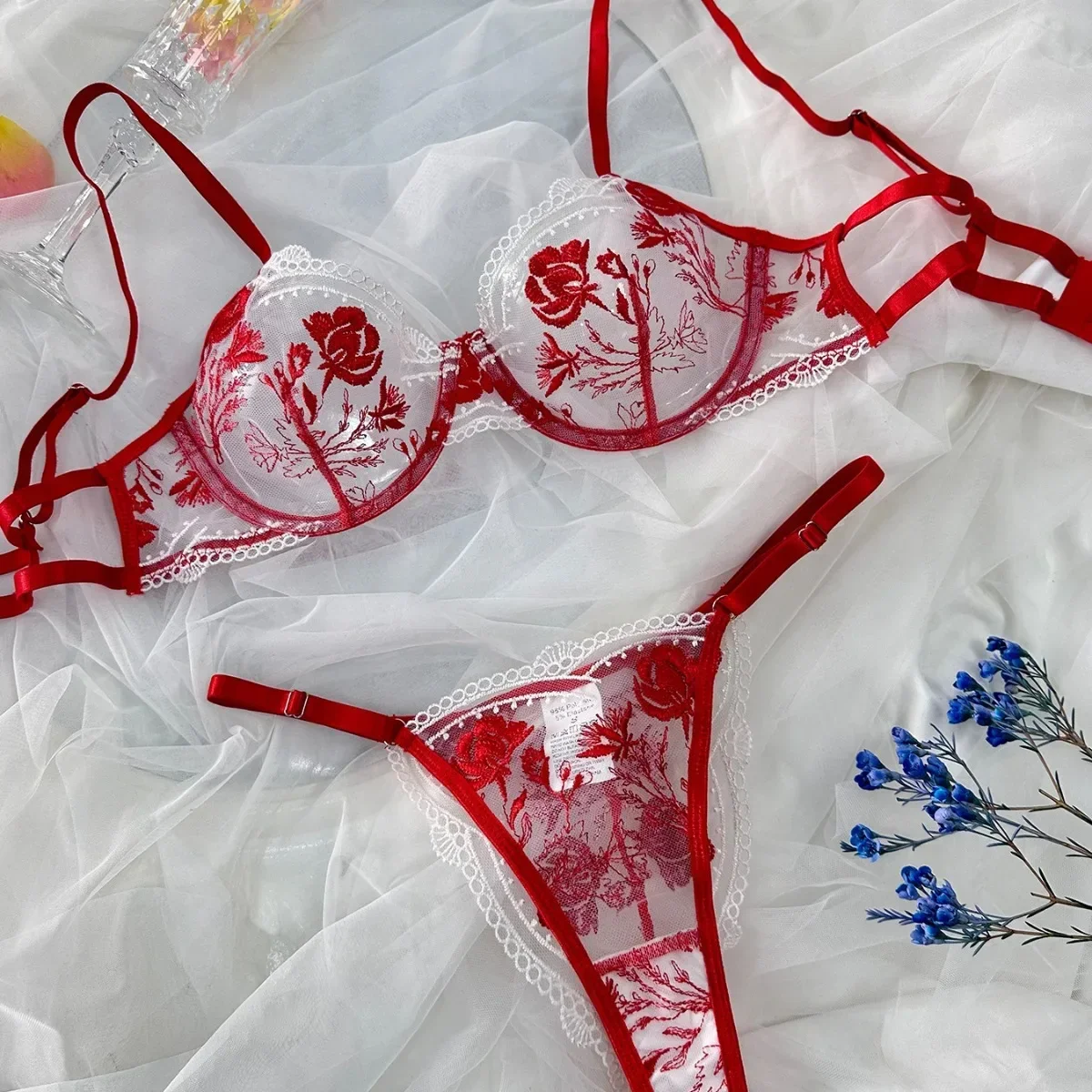 

Sexy Mesh Embroidery Lingerie Set Women's Multi-color Perspective Hollow Out Underwear Female Solid Transparent Bra Briefs Suit