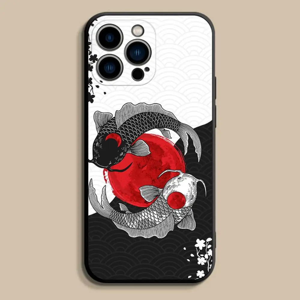 Koi Carp FishS Yin Yang Art Phone Case For iPhone 17,16,15,14,13,12,Pro,Max,Plus,E,SE4,Air,Mini Black Soft Cover