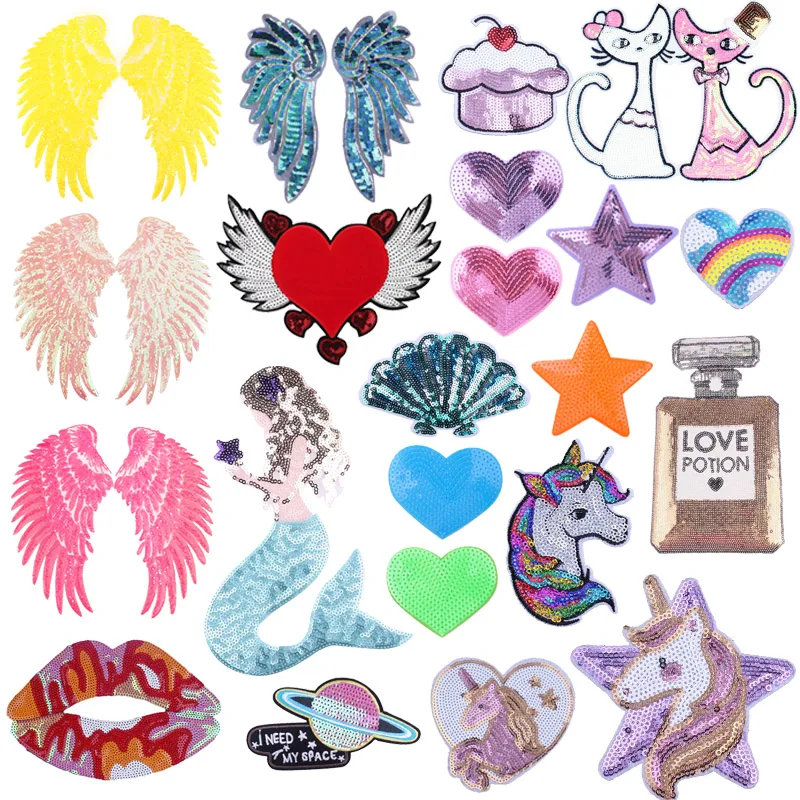 Wings Sequins Patch Iron On Patches For Clothing Thermoadhesive Patches On Clothes Cartoon Unicorn Sewing Applique Fusible Patch