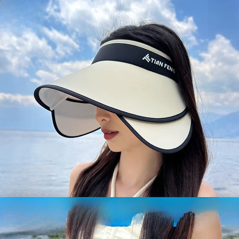Women's Summer New Wide Brim Sun Hat Full Face UV Protection Retractable Large Brim Empty Top Sun Hat Casual Style Outdoor Cap