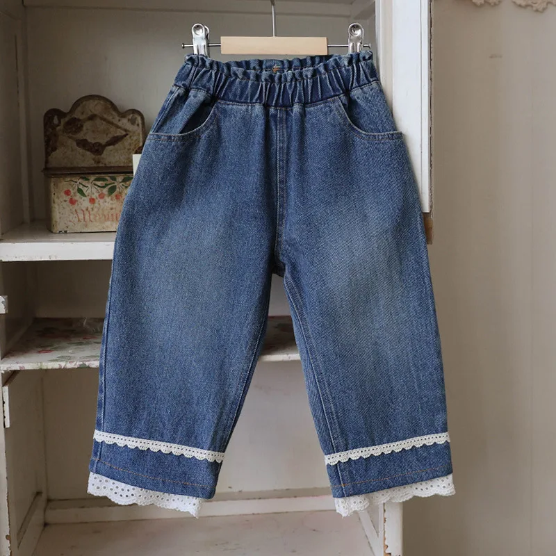 

Осень 2023, модные свободные повседневные джинсы с манжетами в корейском стиле для девочек, модная детская одежда, длинные брюки