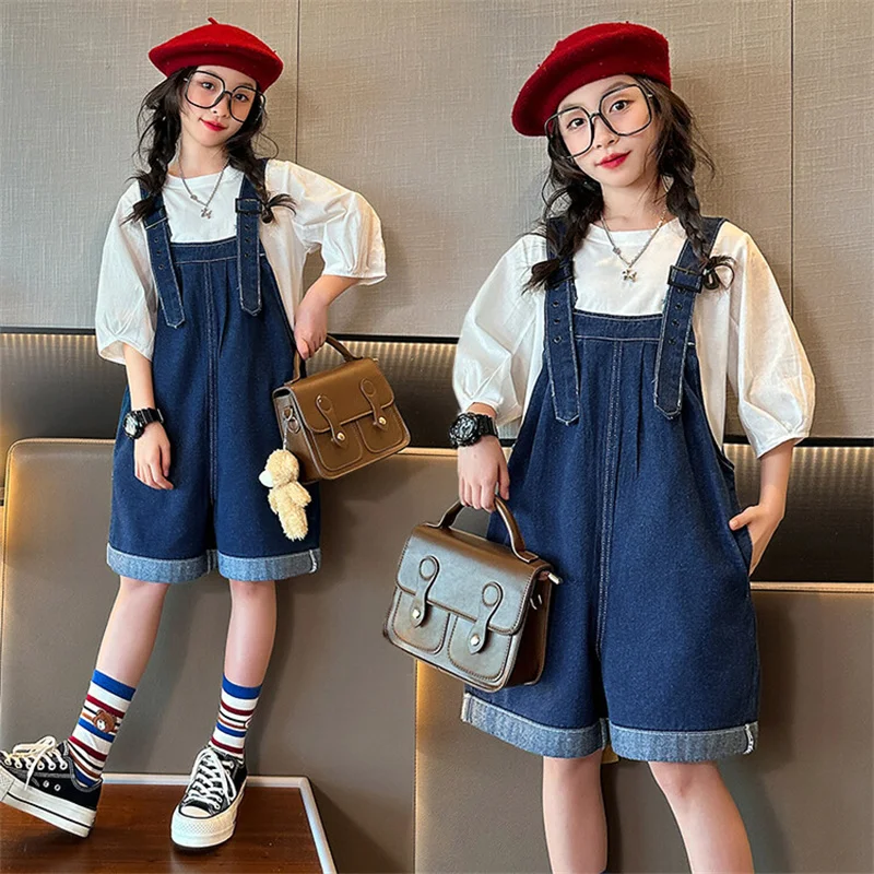 Children's jeans girls backstrap shorts Summer dress 2024 new style outside the style of wide leg pants large children style pan