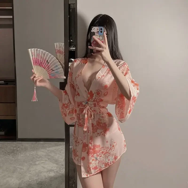 Women Sexy Sleepwear Underwear Sexy Lingerie Japanese Printed Cardigan Pink Home Lingеrie Set Fancy Nightgown 18 Costume Woman