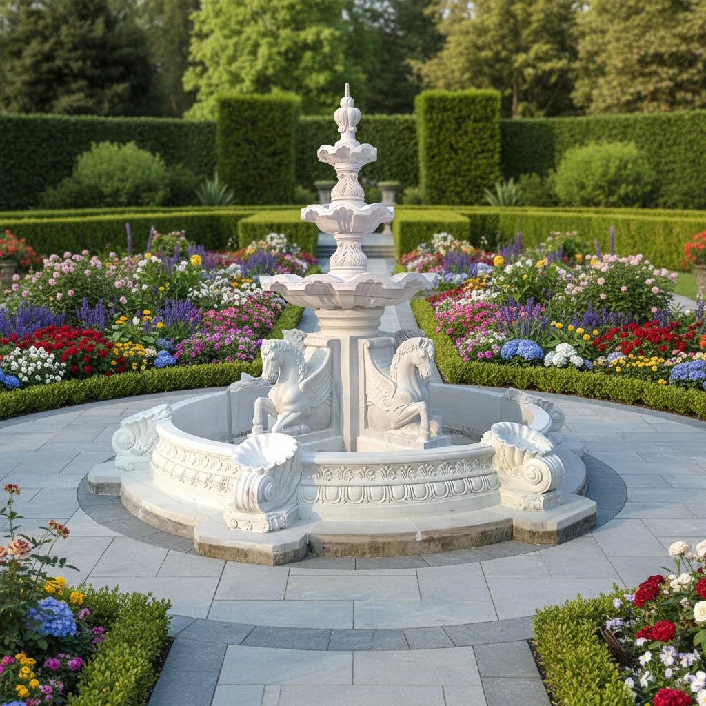 Hot-selling Large Garden White Marble Natural Stone Outdoor Horse Natural Stone Water Fountain  Garden Fountain