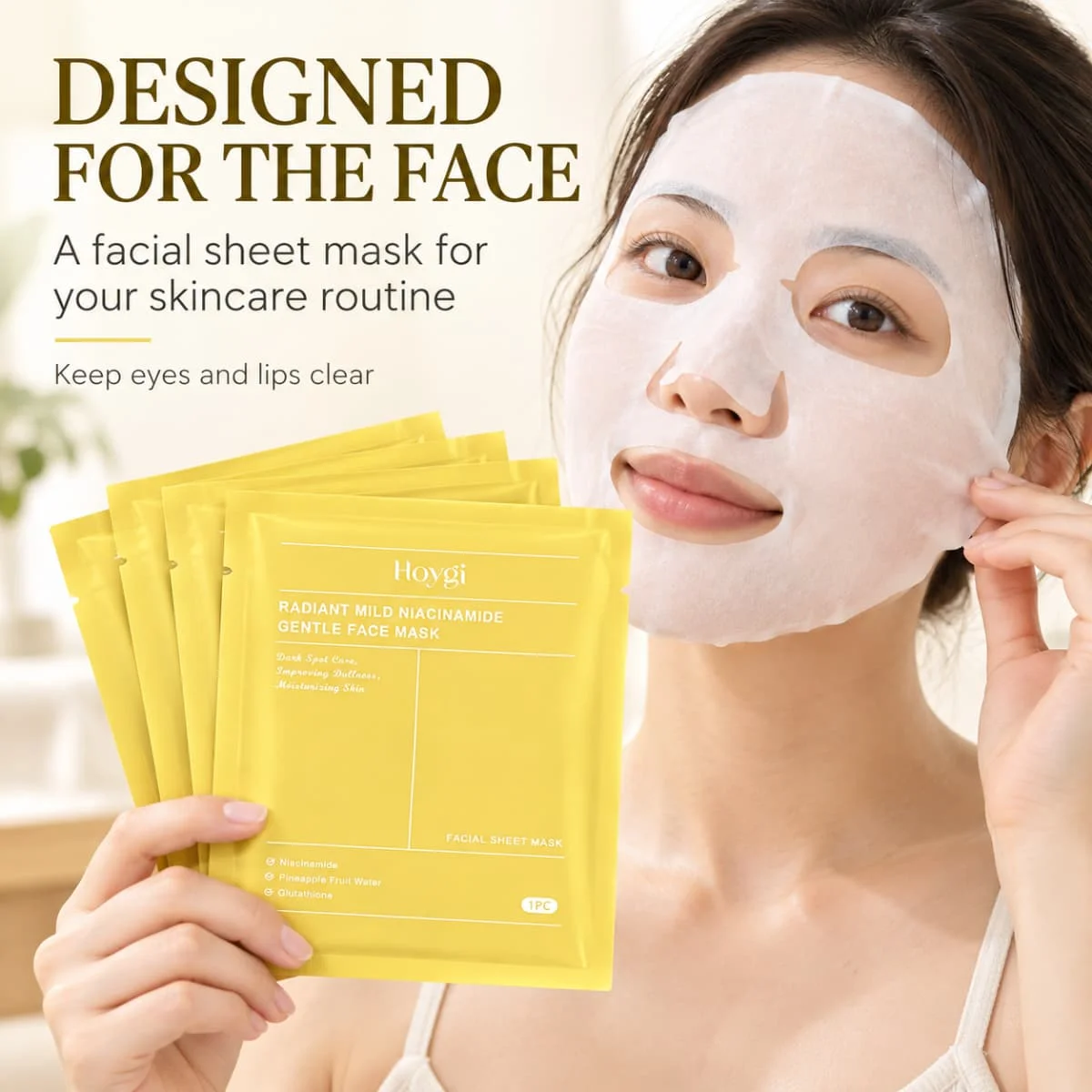 Hoygi Radiant Mild Niacinamide Face Mask 4 PCS, Hydrating Soothing Sheet Mask with Niacinamide and Glutathione, Gentle Daily Skin Care