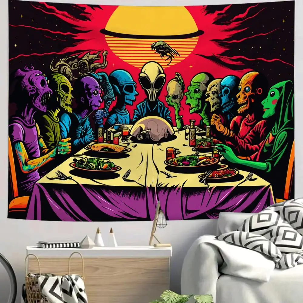 Alien Last Supper Scene Tapestry Custom Living Bedroom Party Dormitory Interior Wall Bohemian Decoration Attached Clip