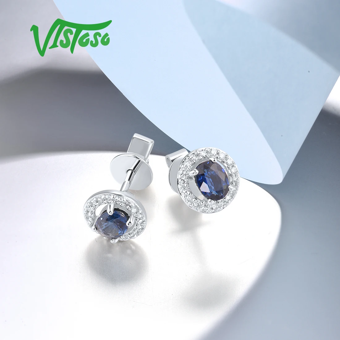 Imagem -03 - Vistoso-real 14k Brincos de Ouro Branco para Mulheres Diamantes Espumantes Amostra de Safira Azul Roupa Diária Redonda Jóias Finas