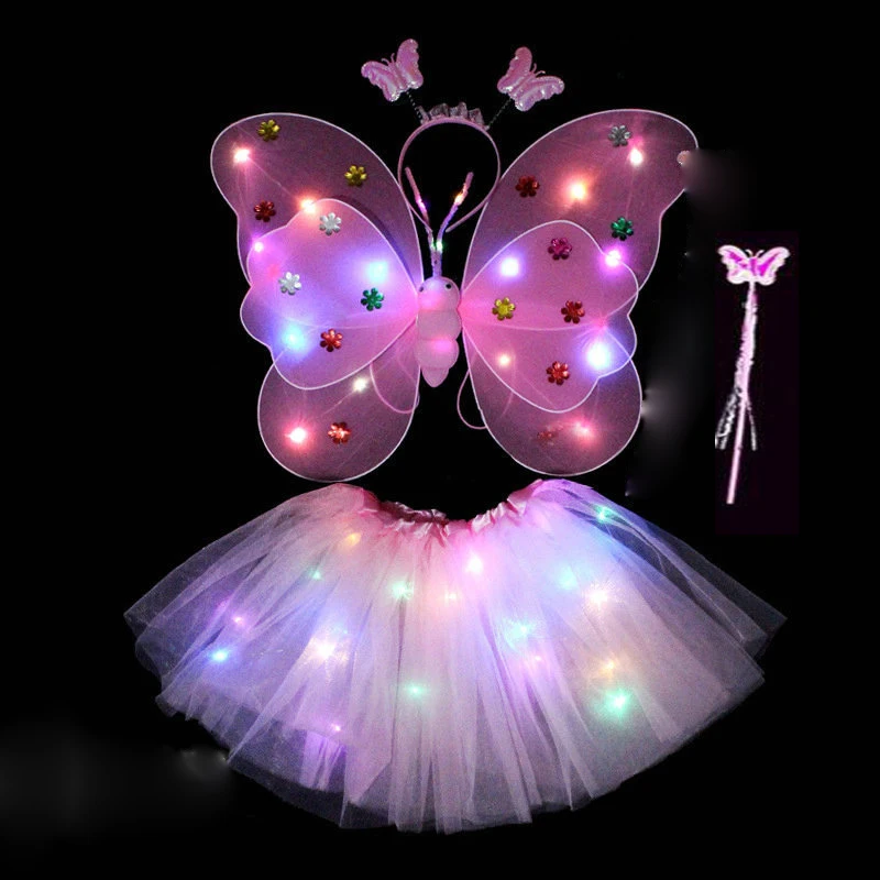 LED Children Costume Props Girls Skirt Flashing Lights Butterfly Skirt Suit Angel Luminous Wings Butterfly Wings Fancy Dress Set