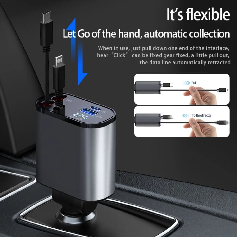 New 120W Retractable Car Charger Digital Display 4 in 1 Car Charger Adapter Fast Charging 2 USB Ports Retractable Cable