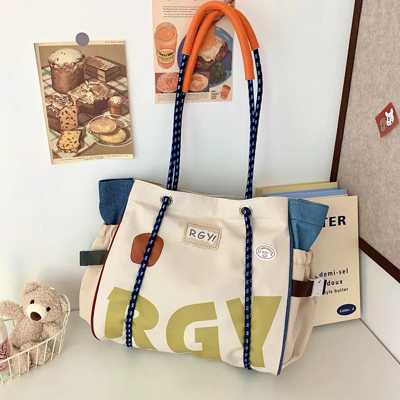 Nylon Shoulder Tote Bag Korean Letter Print Patchwork Handbag New Chic Large Capacity Casual Commuter Bag for College Women