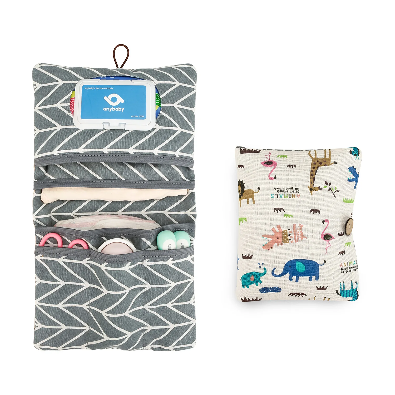 Portable Diaper Storage Bag & Wet Wipes Organizer - Cute Animal Print Multiple Compartments, Zippered Pocket & Hanging Tag