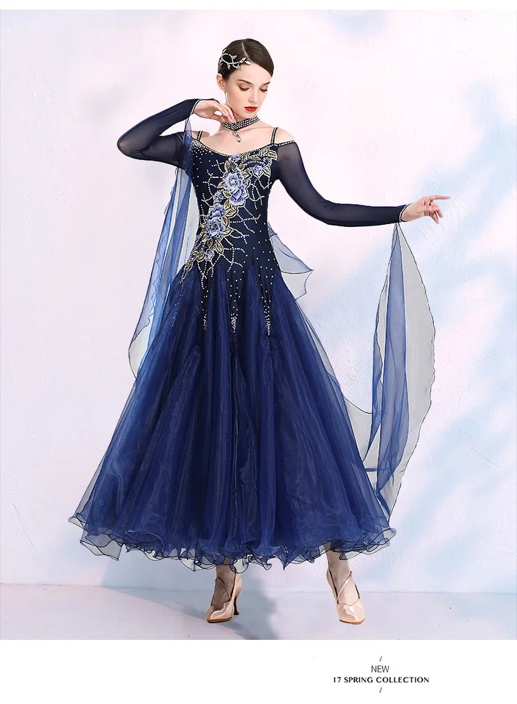 Fora do ombro fio voador lantejoulas grande balanço feminino vestido de competição de dança de salão valsa tango vestido de dança roupas de festa