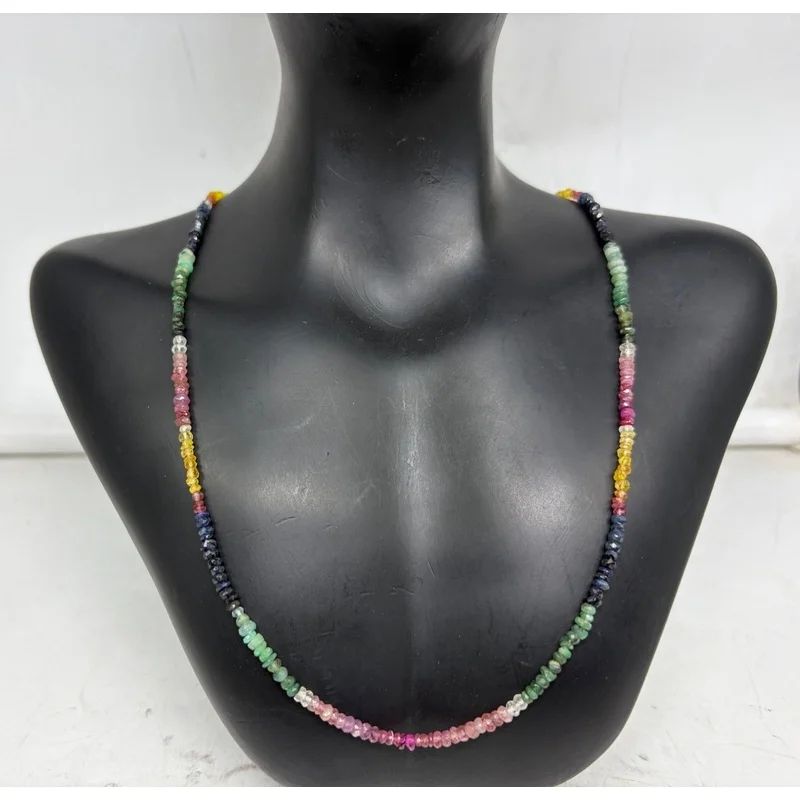Natural Multi Sapphire Necklace 20” Faceted 4-5mm Beads Sterling Silver