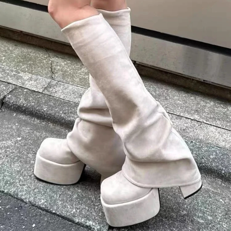 Korean Style High Tube Boots Thick Heel Square Head Women's Fashion Boots Spring 2026 Slimming Elastic Boots Youth All Seasons